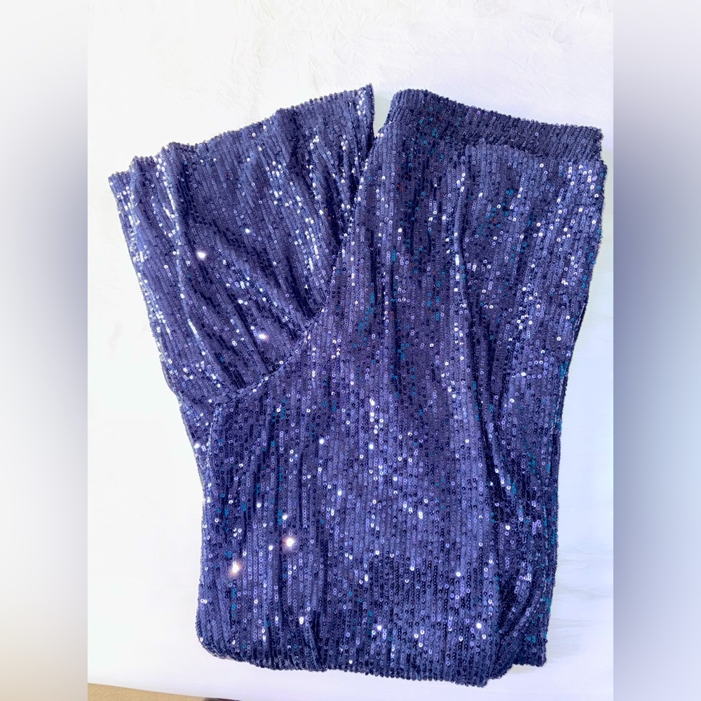 High waisted wide leg navy blue sequin pants